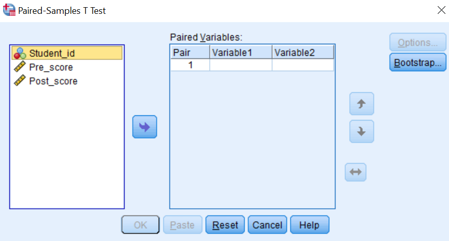 paired sample t test in spss dialog box