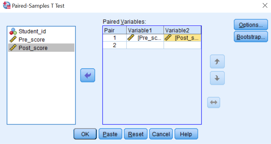paired sample t test variables in spss